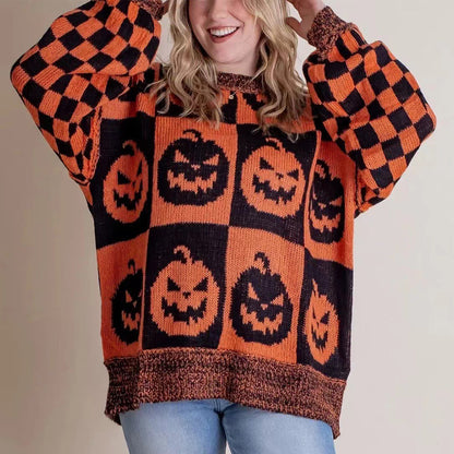 Halloween Cartoon Ghost WITH Checkerboard Print Pullover Sweater Loose FIT Knitted Tops For Women