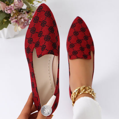 Rose Print Flats Shoes Fashion Casual Pointed Toe Canvas Loafers Lazy Shoes For Women