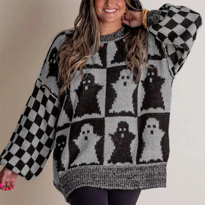 Halloween Cartoon Ghost WITH Checkerboard Print Pullover Sweater Loose FIT Knitted Tops For Women