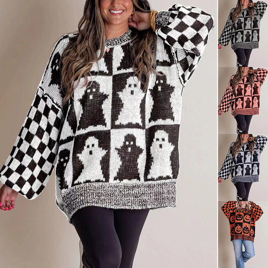 Halloween Cartoon Ghost WITH Checkerboard Print Pullover Sweater Loose FIT Knitted Tops For Women