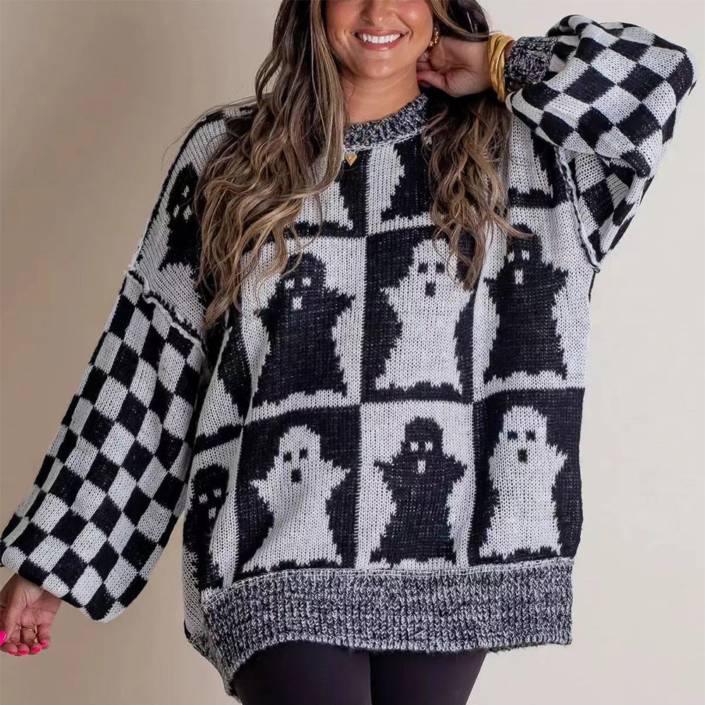 Halloween Cartoon Ghost WITH Checkerboard Print Pullover Sweater Loose FIT Knitted Tops For Women