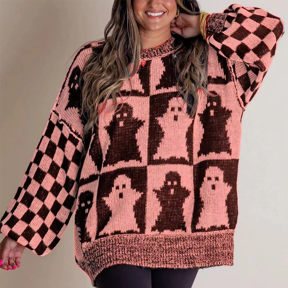 Halloween Cartoon Ghost WITH Checkerboard Print Pullover Sweater Loose FIT Knitted Tops For Women