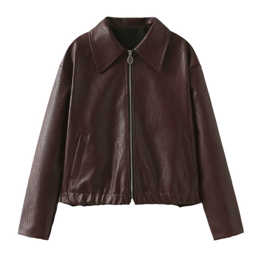 Zipper Jacket Fashion Casual Long Sleeve Solid Color Lapel Leather Coat Tops Women Clothing