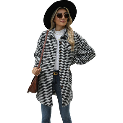 Women's Houndstooth Lapel Mid-length Coat