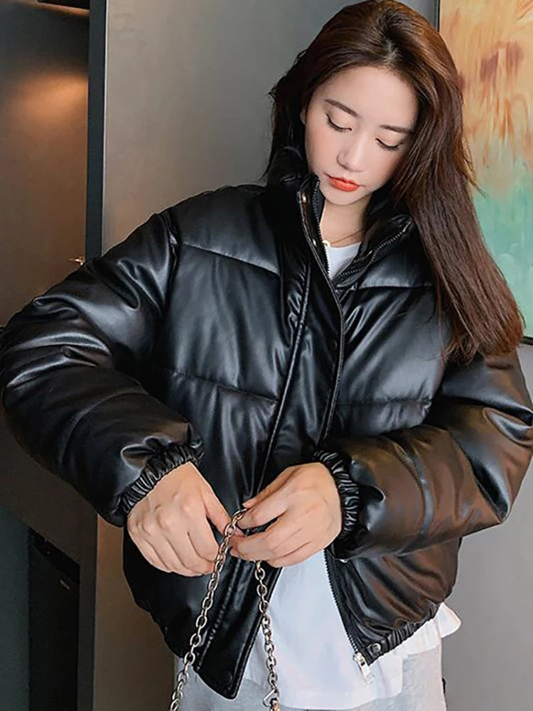 Premium Winter Warm Thick PU Leather Jacket Women Short Parkas Fashion Black Cotton Padded Lady Down Jacket Elegant Zipper