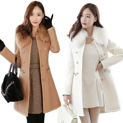 Premium Autumn Winter Women Woolen Jacket New Style Fashion Fur Collar Mid-Long Blends Coat Thicken Double-faced Plush Coat