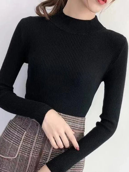 Autumn Winter Mock Premium Neck Women Sweater Vintage Basic Solid Knitted Tops Casual Slim Pullover Sweaters Jumpers