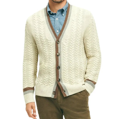 2024 Men's Knitted Cardigan Men's V-neck Long Sleeve Color Block Sweater Coat Fashion Sweater