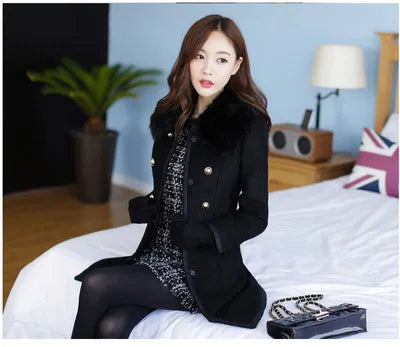 Premium Autumn Winter Women Woolen Jacket New Style Fashion Fur Collar Mid-Long Blends Coat Thicken Double-faced Plush Coat