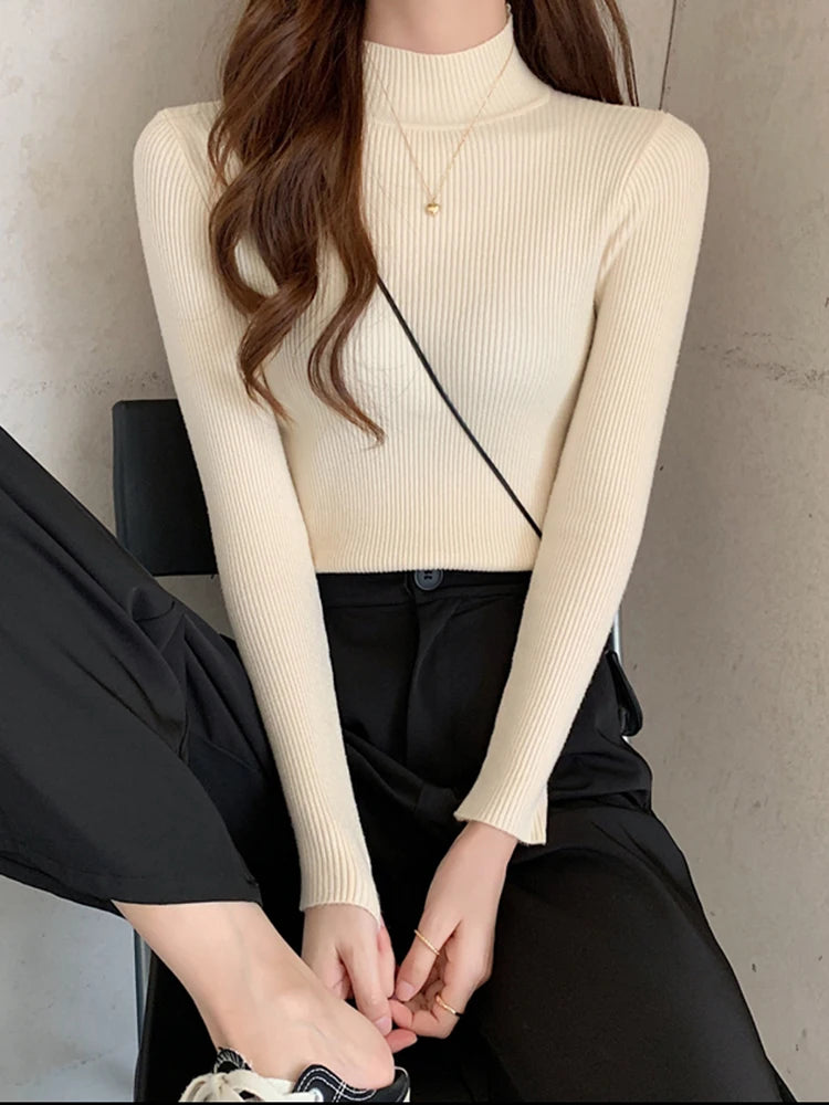 Autumn Winter Mock Premium Neck Women Sweater Vintage Basic Solid Knitted Tops Casual Slim Pullover Sweaters Jumpers