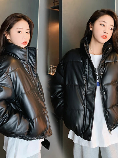 Premium Winter Warm Thick PU Leather Jacket Women Short Parkas Fashion Black Cotton Padded Lady Down Jacket Elegant Zipper