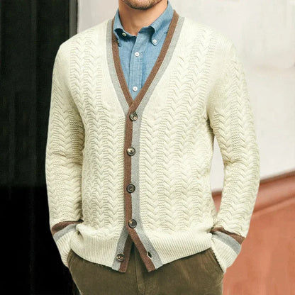 2024 Men's Knitted Cardigan Men's V-neck Long Sleeve Color Block Sweater Coat Fashion Sweater