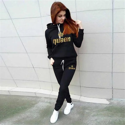 New Fashion Queen's Print Womens Clothes Casual Long Sleeve Hoodie + Pants Sports Suits Autumn/winter Fleece Jogging Suit