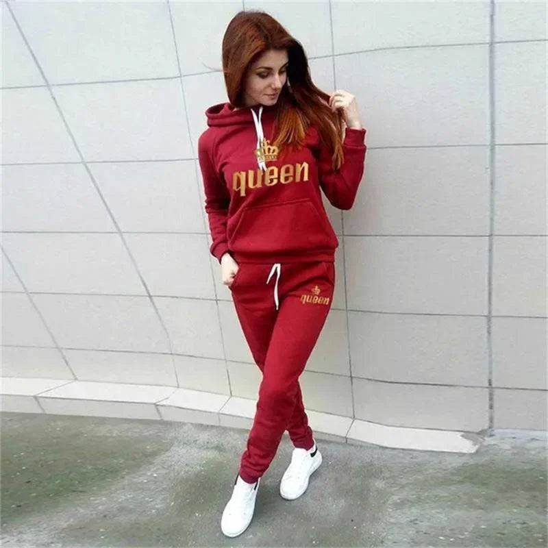 New Fashion Queen's Print Womens Clothes Casual Long Sleeve Hoodie + Pants Sports Suits Autumn/winter Fleece Jogging Suit