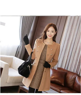 Premium Autumn Winter Women Woolen Jacket New Style Fashion Fur Collar Mid-Long Blends Coat Thicken Double-faced Plush Coat