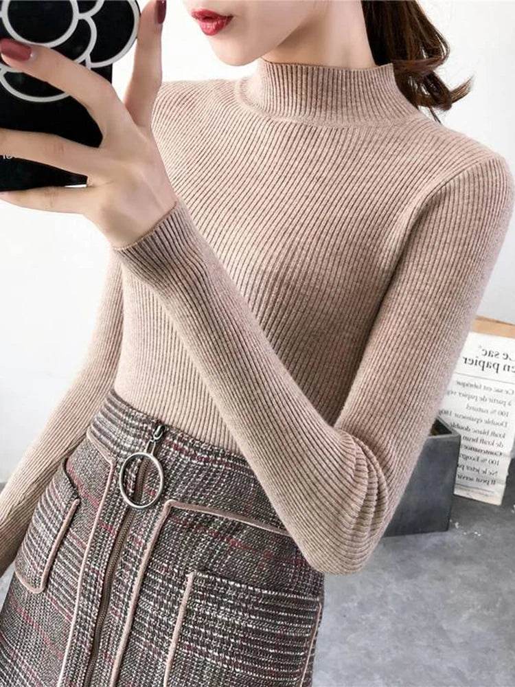 Autumn Winter Mock Premium Neck Women Sweater Vintage Basic Solid Knitted Tops Casual Slim Pullover Sweaters Jumpers