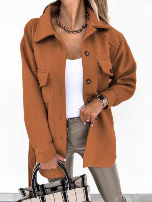 Temperament Solid Color Lapel Button-up Woolen Coat