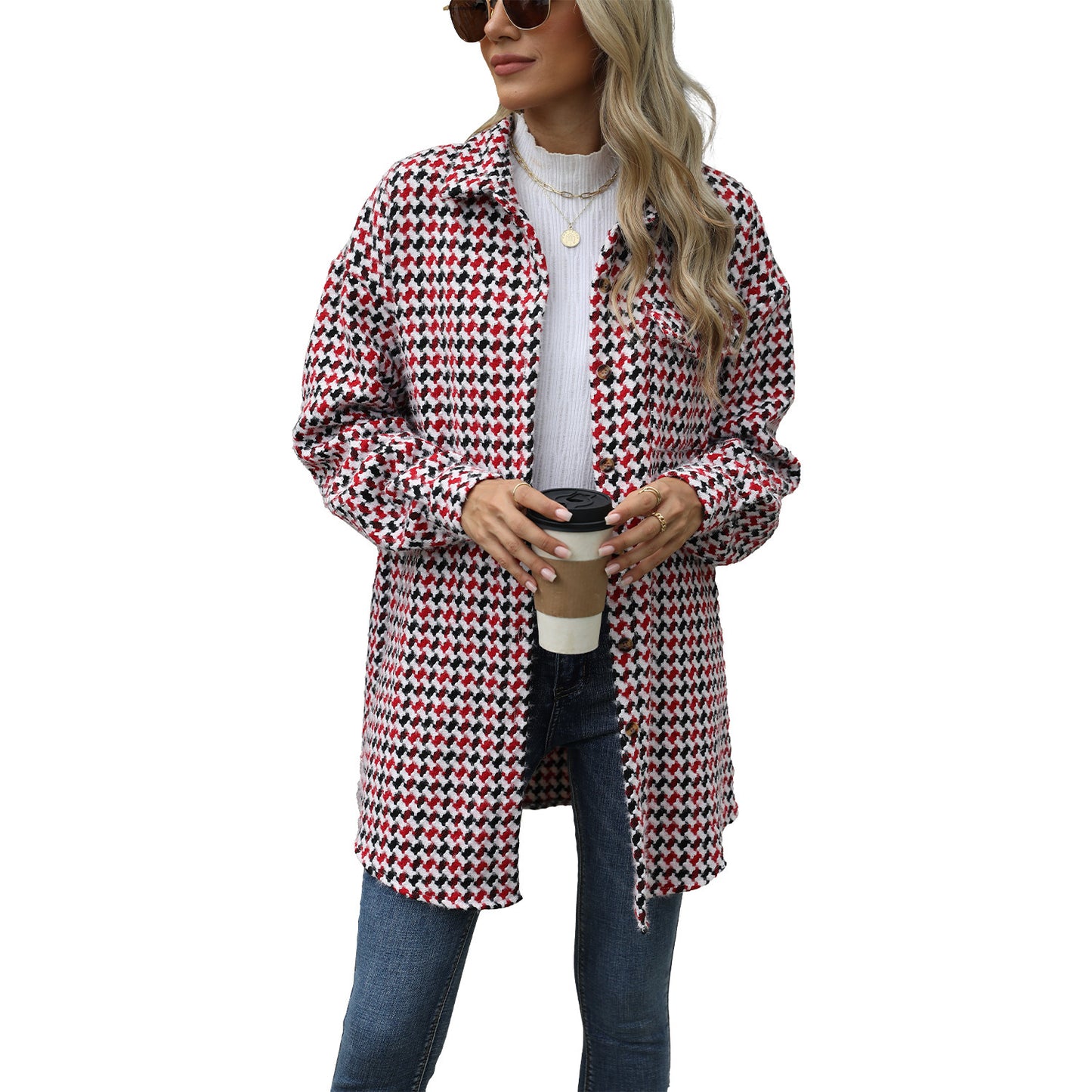 Women's Houndstooth Lapel Mid-length Coat