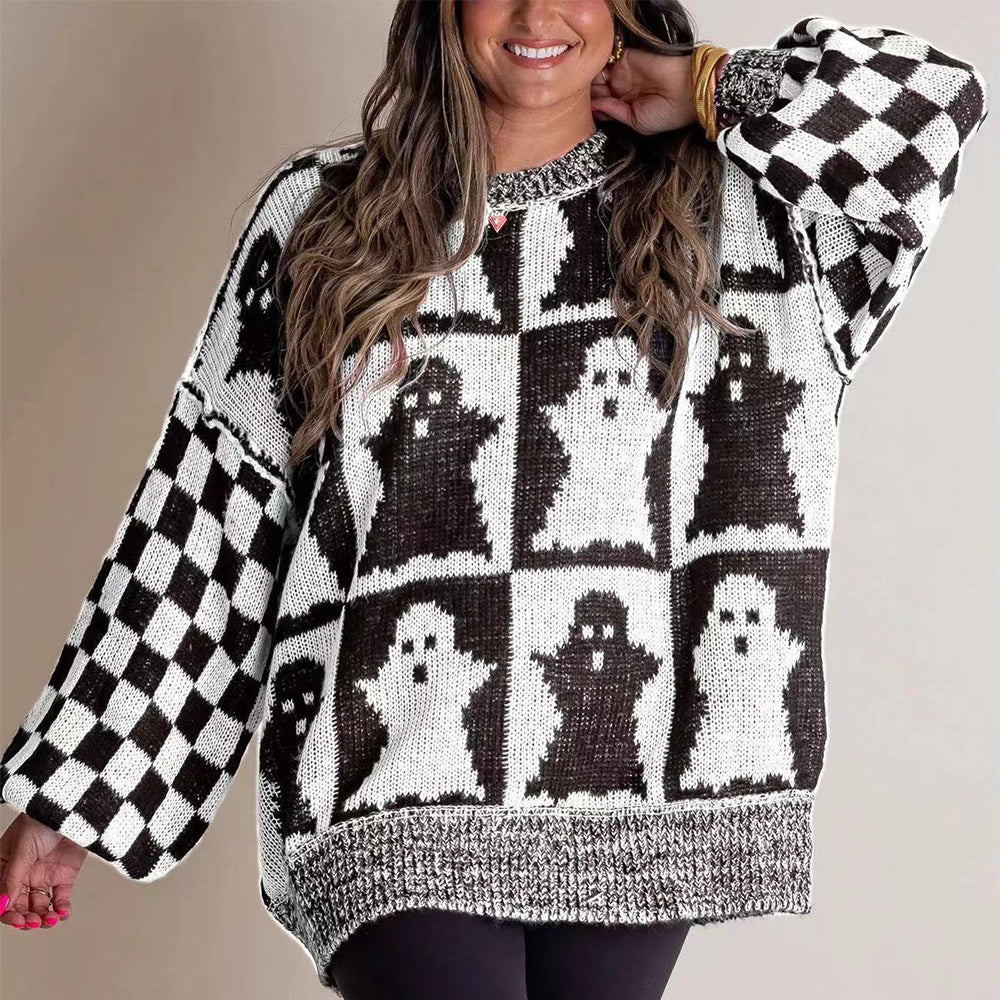 Halloween Cartoon Ghost WITH Checkerboard Print Pullover Sweater Loose FIT Knitted Tops For Women