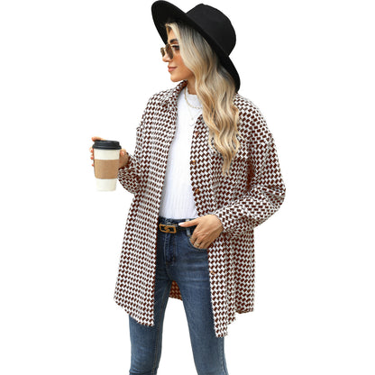 Women's Houndstooth Lapel Mid-length Coat